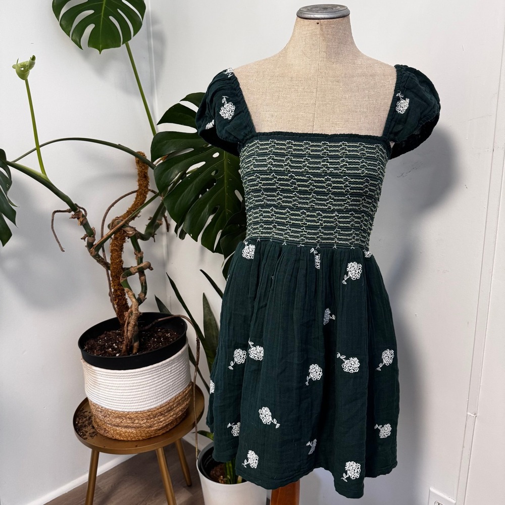 Free People Tory Embroidered Mini Dress XL Dark Green Floral‎ Smocked Boho - Picture 10 of 10